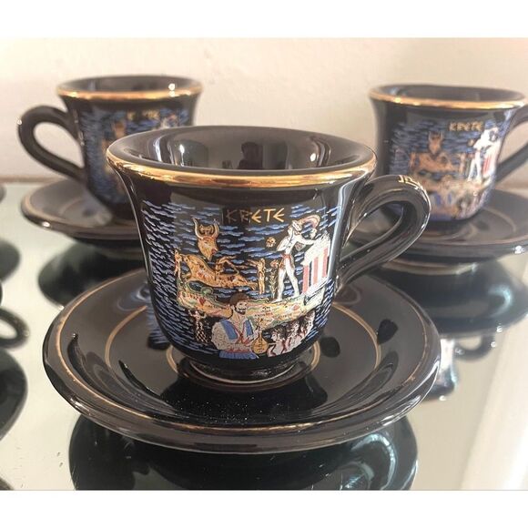 24k Gold Greek Krete Demistasse Teacups & Saucer Handmade in Greece Black/Gold - Picture 1 of 9